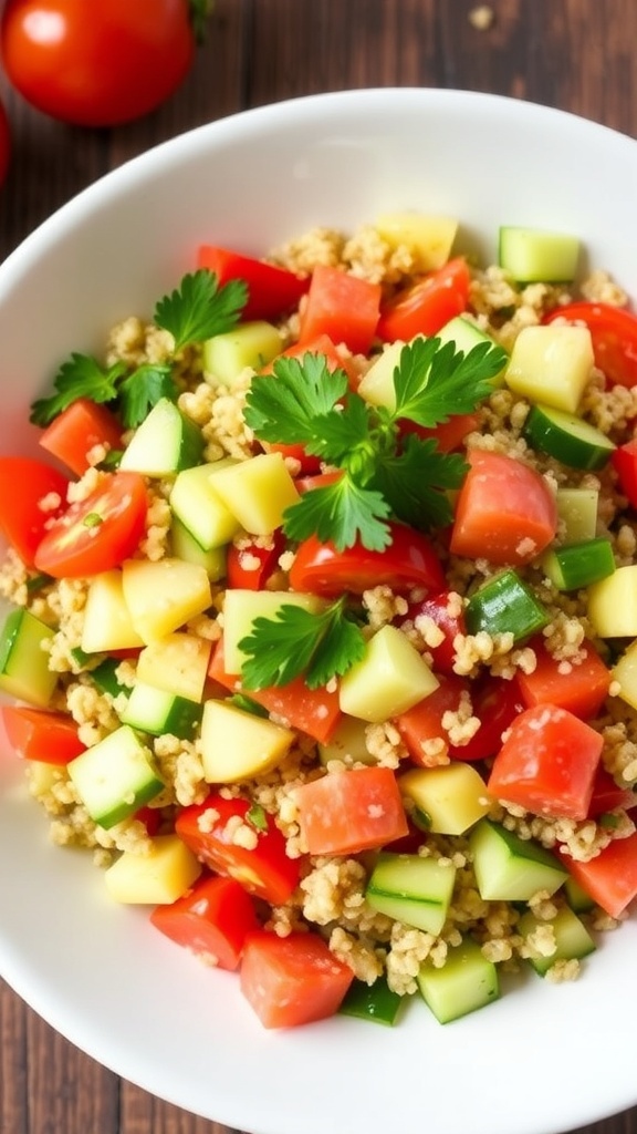 A colorful quinoa salad with cherry tomatoes, cucumber, bell peppers, and parsley in a bowl on a wooden table.